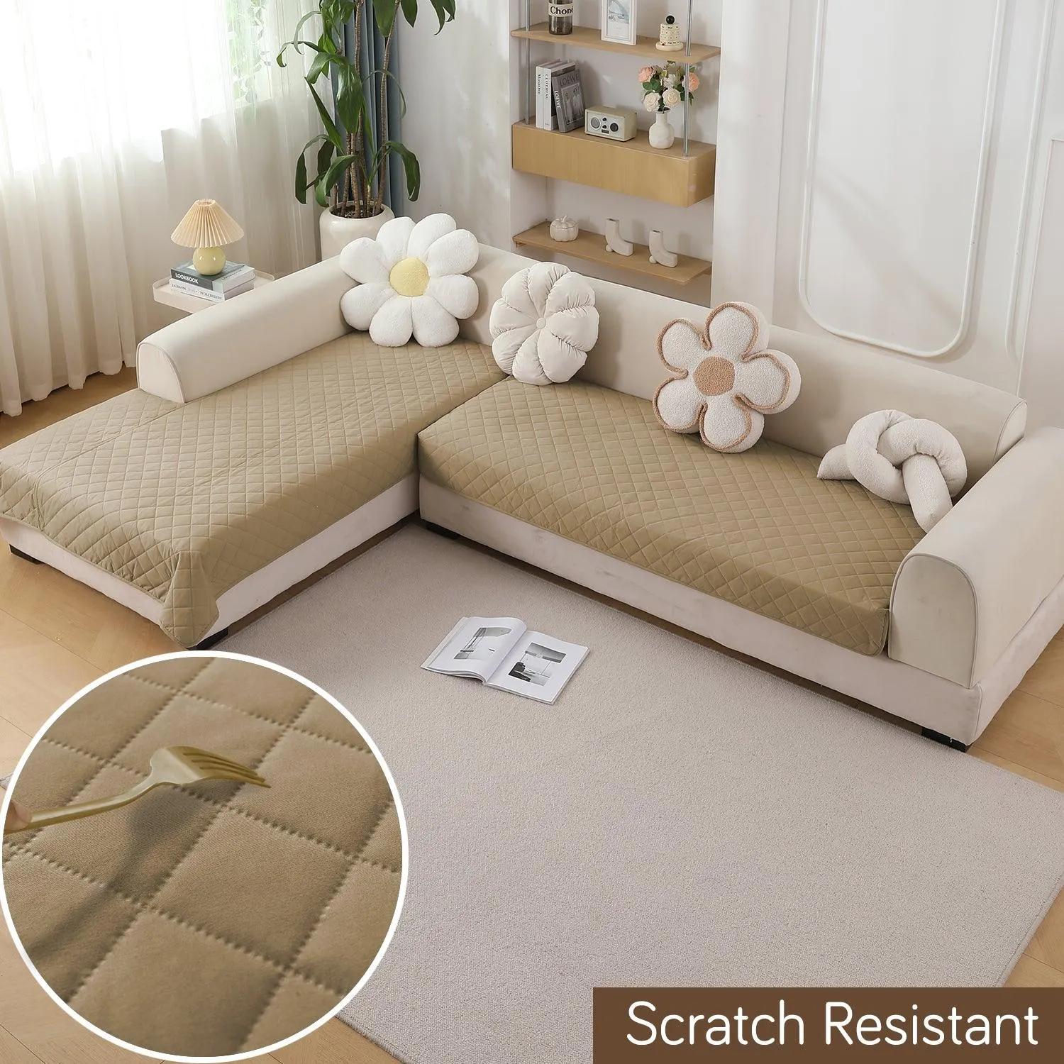 HOKIPO 3 2 L-Shape Sofa Mat - Waterproof, Anti-Slip, Quick Dry, Beige