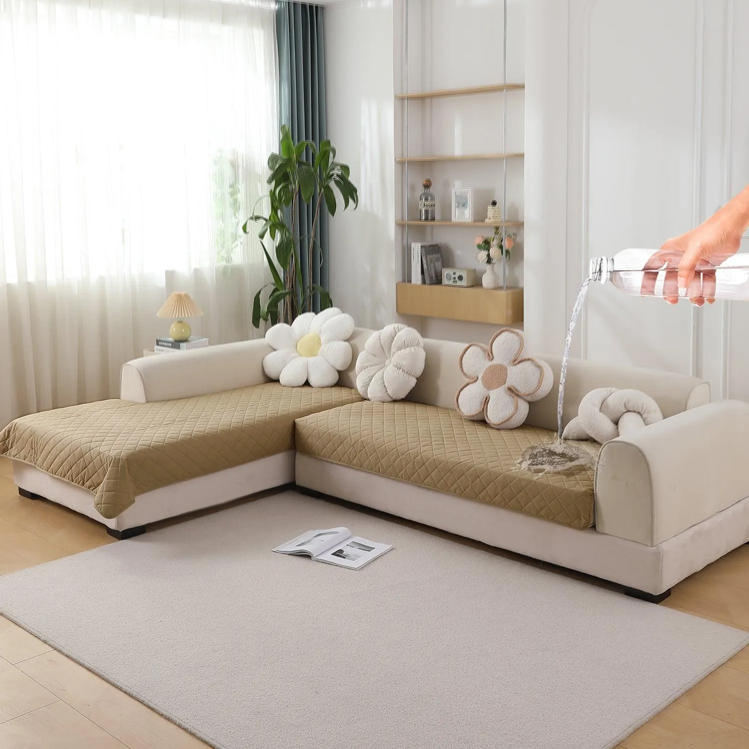 HOKIPO 3 2 L-Shape Sofa Mat - Waterproof, Anti-Slip, Quick Dry, Beige