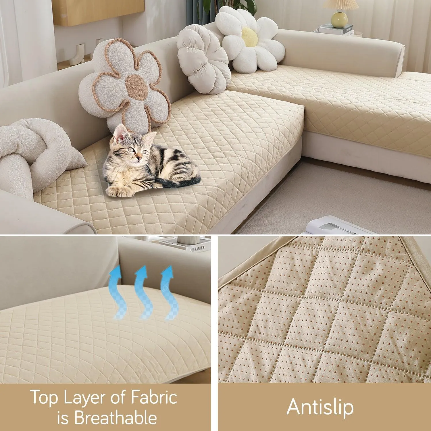 HOKIPO 3 2 L-Shape Sofa Mat - Waterproof, Anti-Slip, Quick Dry, Cream