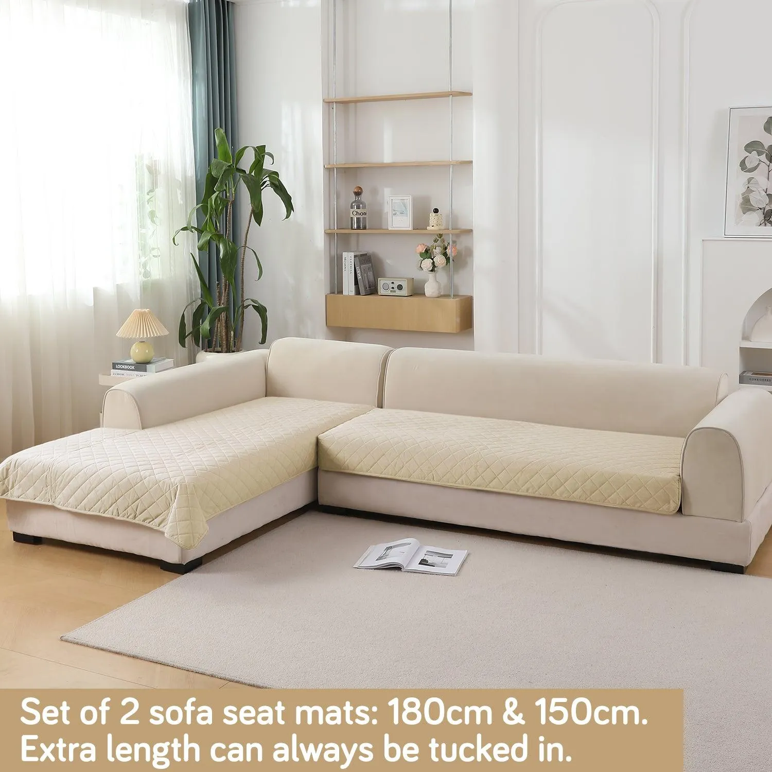 HOKIPO 3 2 L-Shape Sofa Mat - Waterproof, Anti-Slip, Quick Dry, Cream