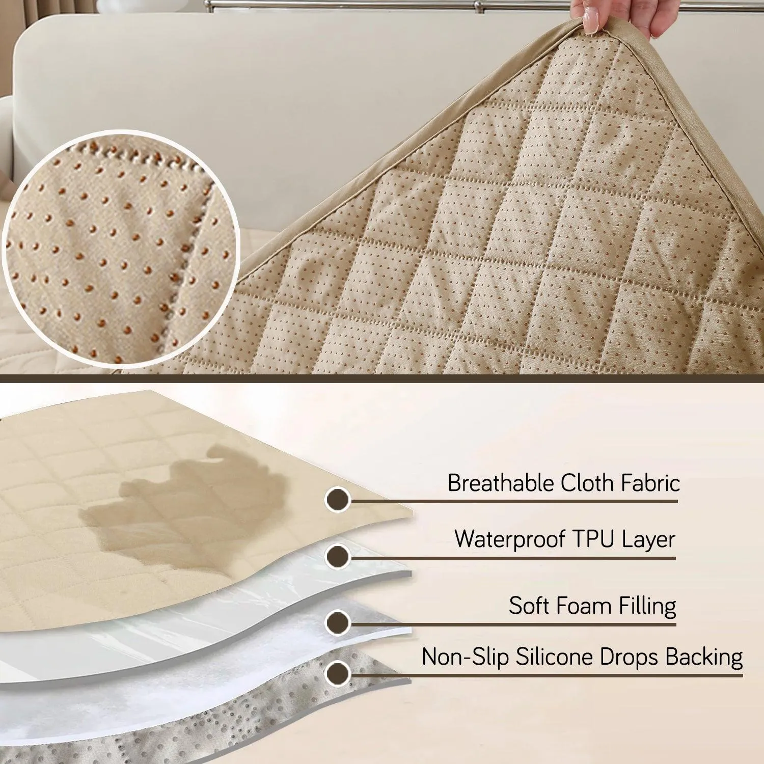 HOKIPO 3 2 L-Shape Sofa Mat - Waterproof, Anti-Slip, Quick Dry, Cream