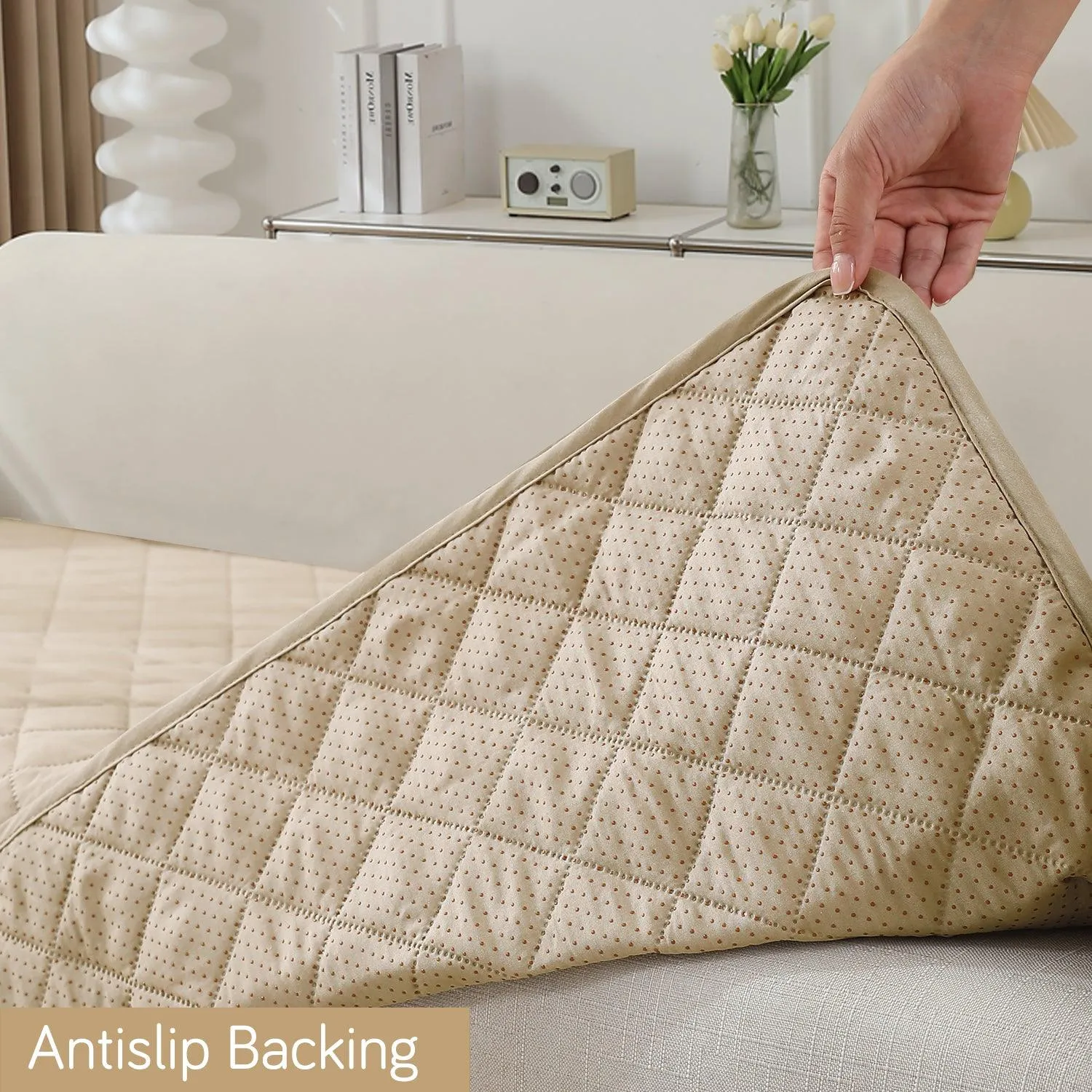 HOKIPO 3 2 L-Shape Sofa Mat - Waterproof, Anti-Slip, Quick Dry, Cream