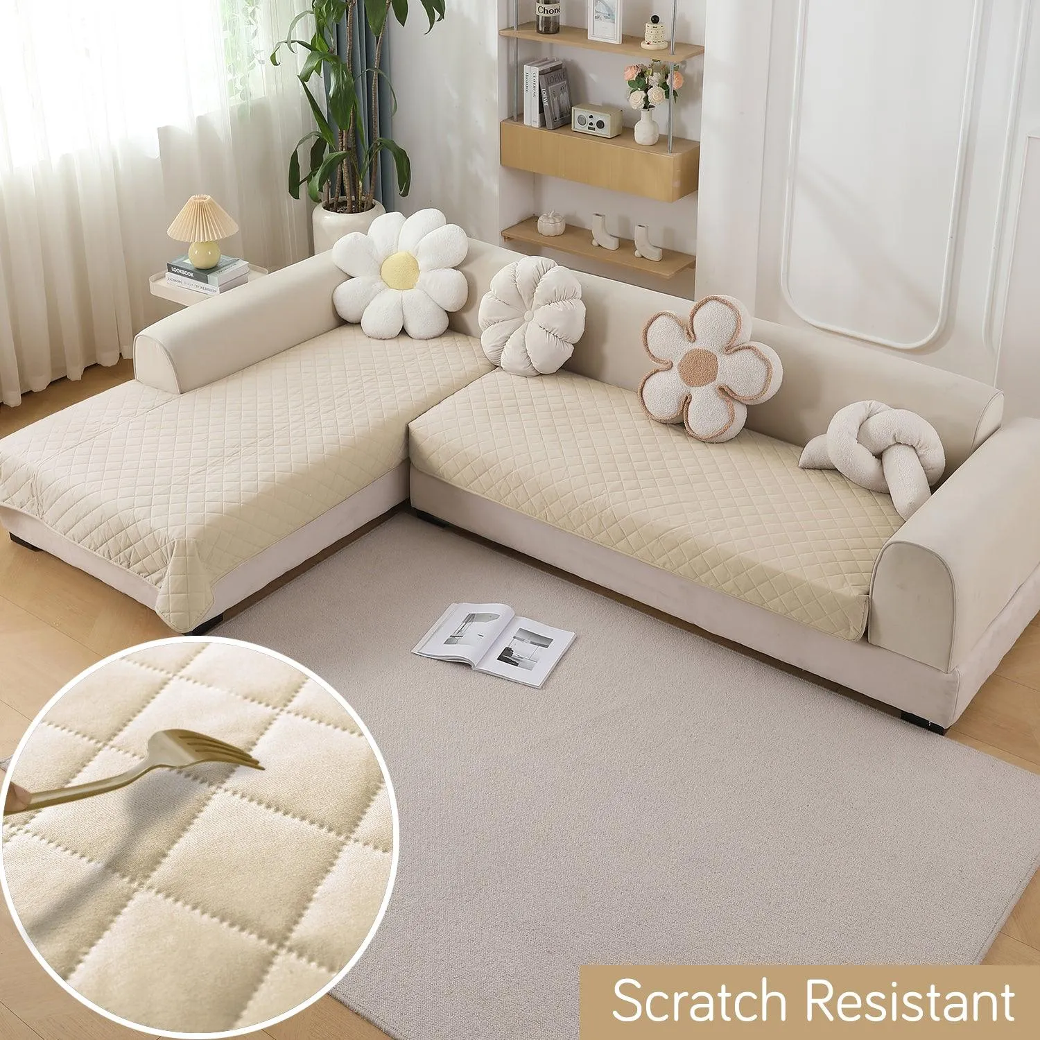 HOKIPO 3 2 L-Shape Sofa Mat - Waterproof, Anti-Slip, Quick Dry, Cream