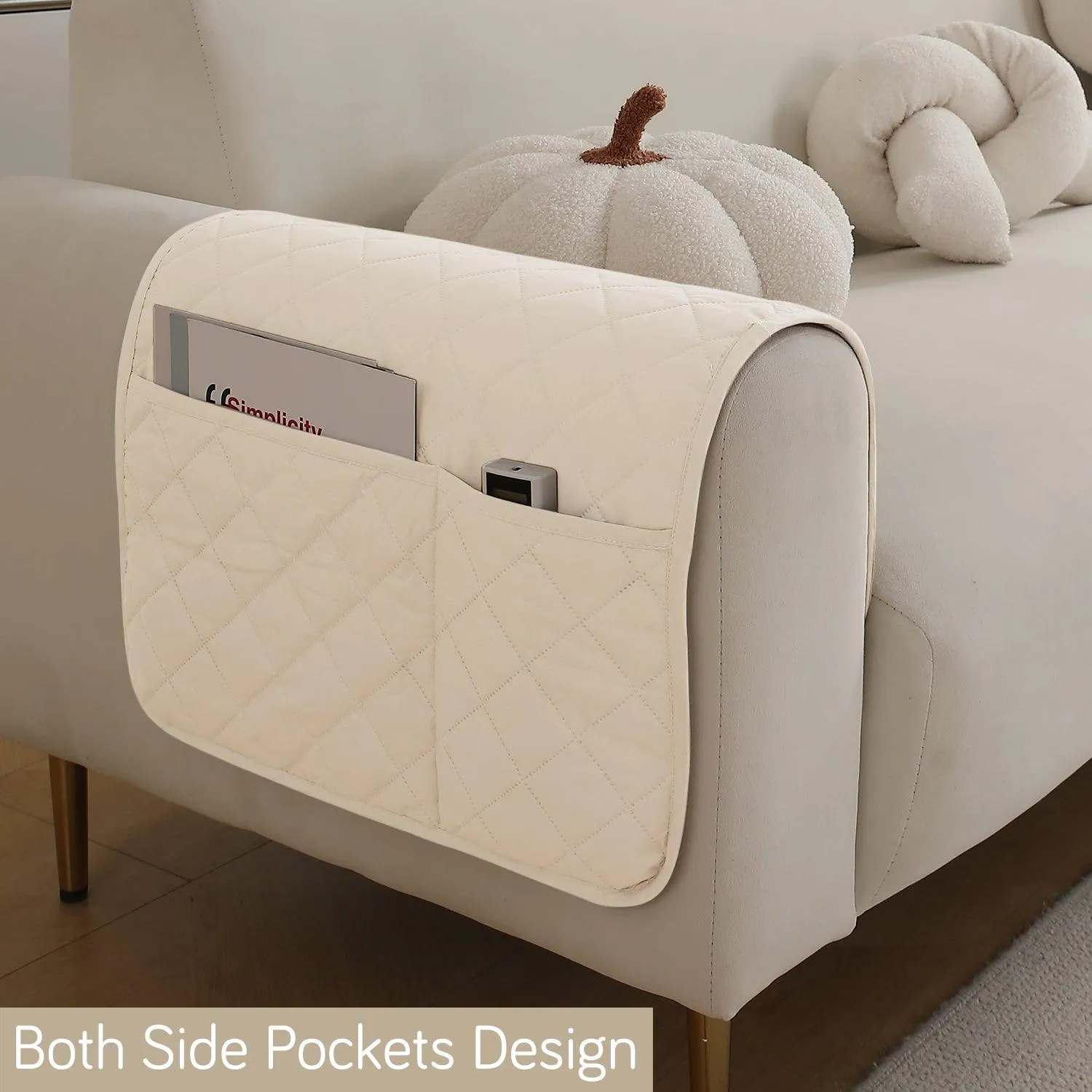 HOKIPO Quilted Waterproof Anti-Slip Sofa Armrest Covers with Pockets (2 Pcs), Cream