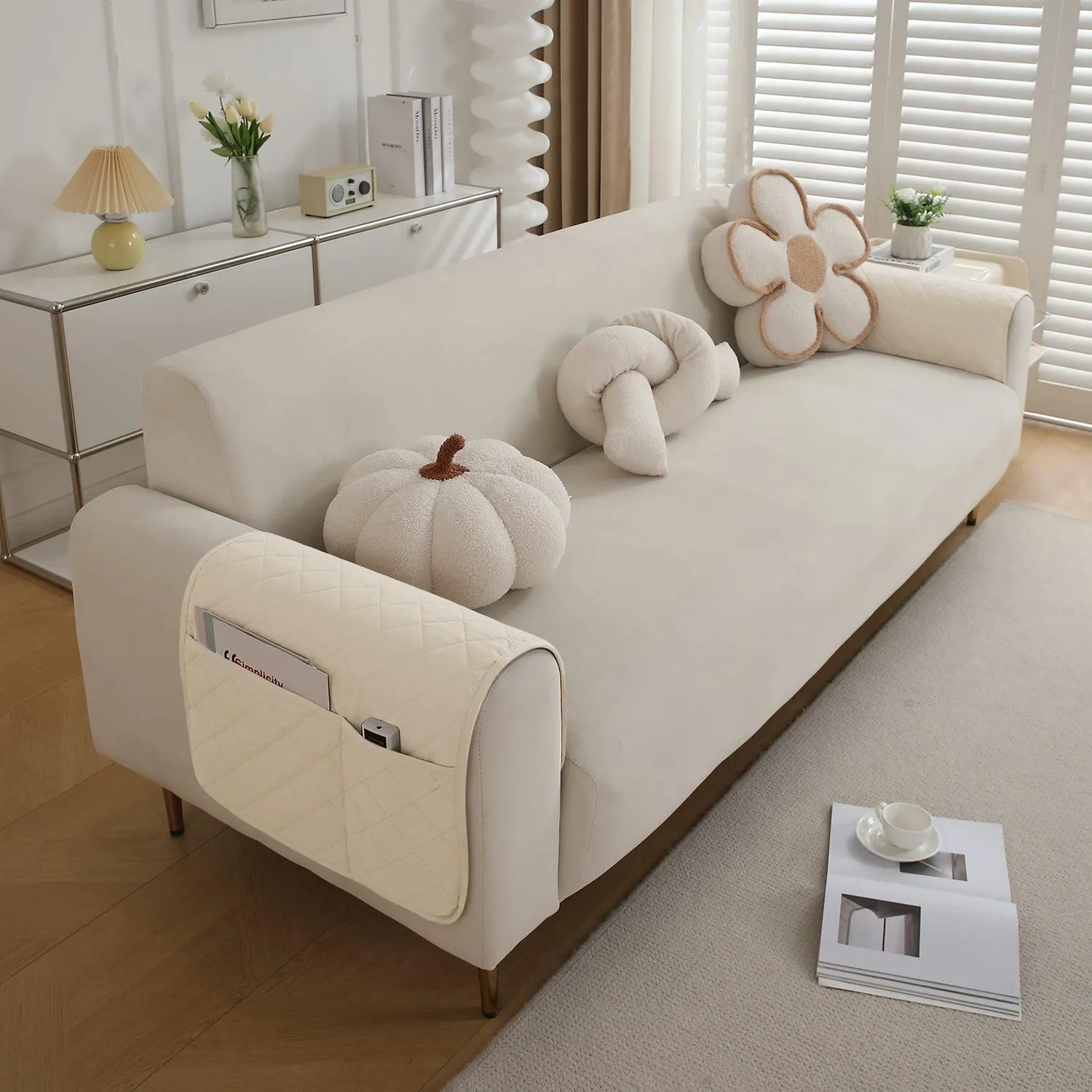 HOKIPO Quilted Waterproof Anti-Slip Sofa Armrest Covers with Pockets (2 Pcs), Cream