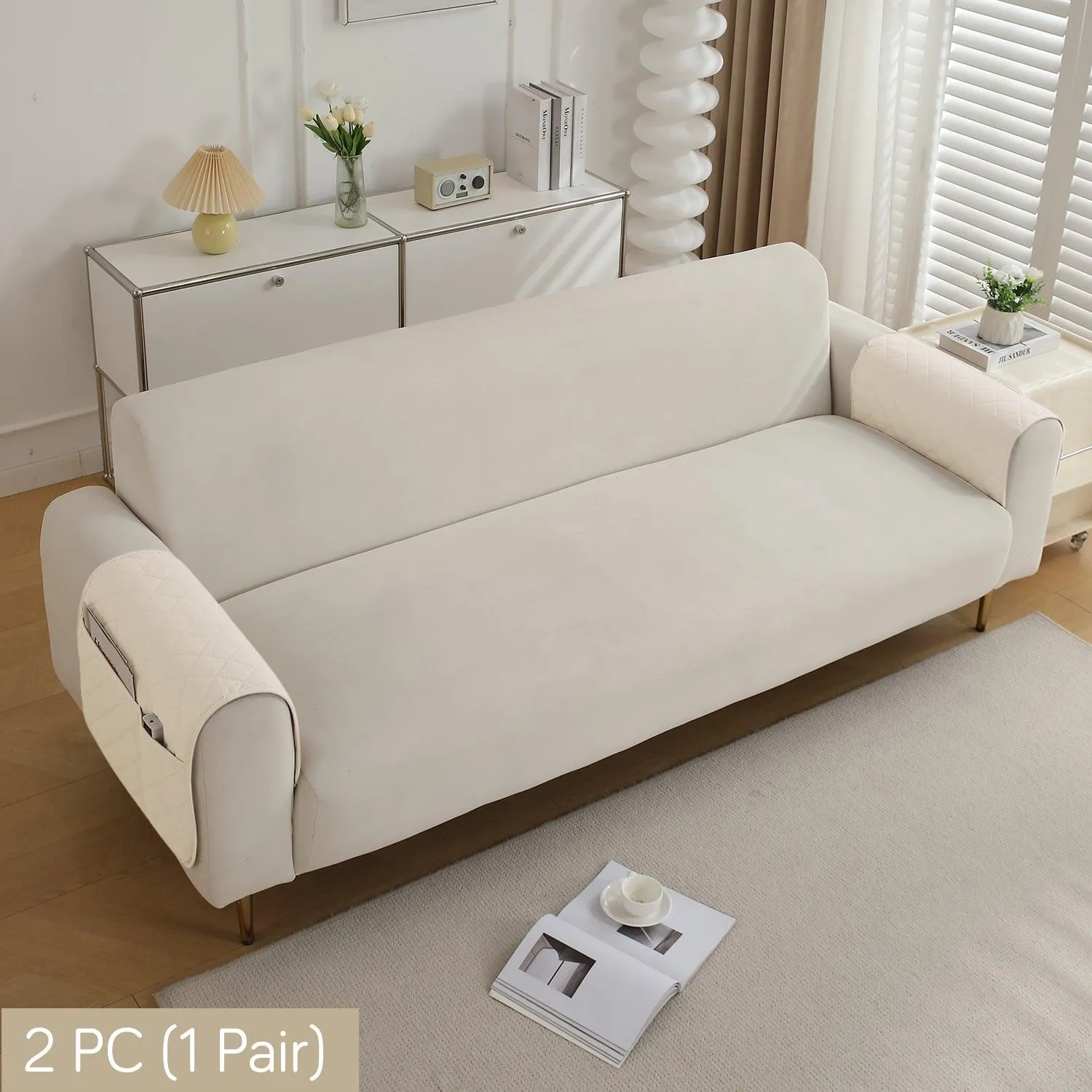 HOKIPO Quilted Waterproof Anti-Slip Sofa Armrest Covers with Pockets (2 Pcs), Cream