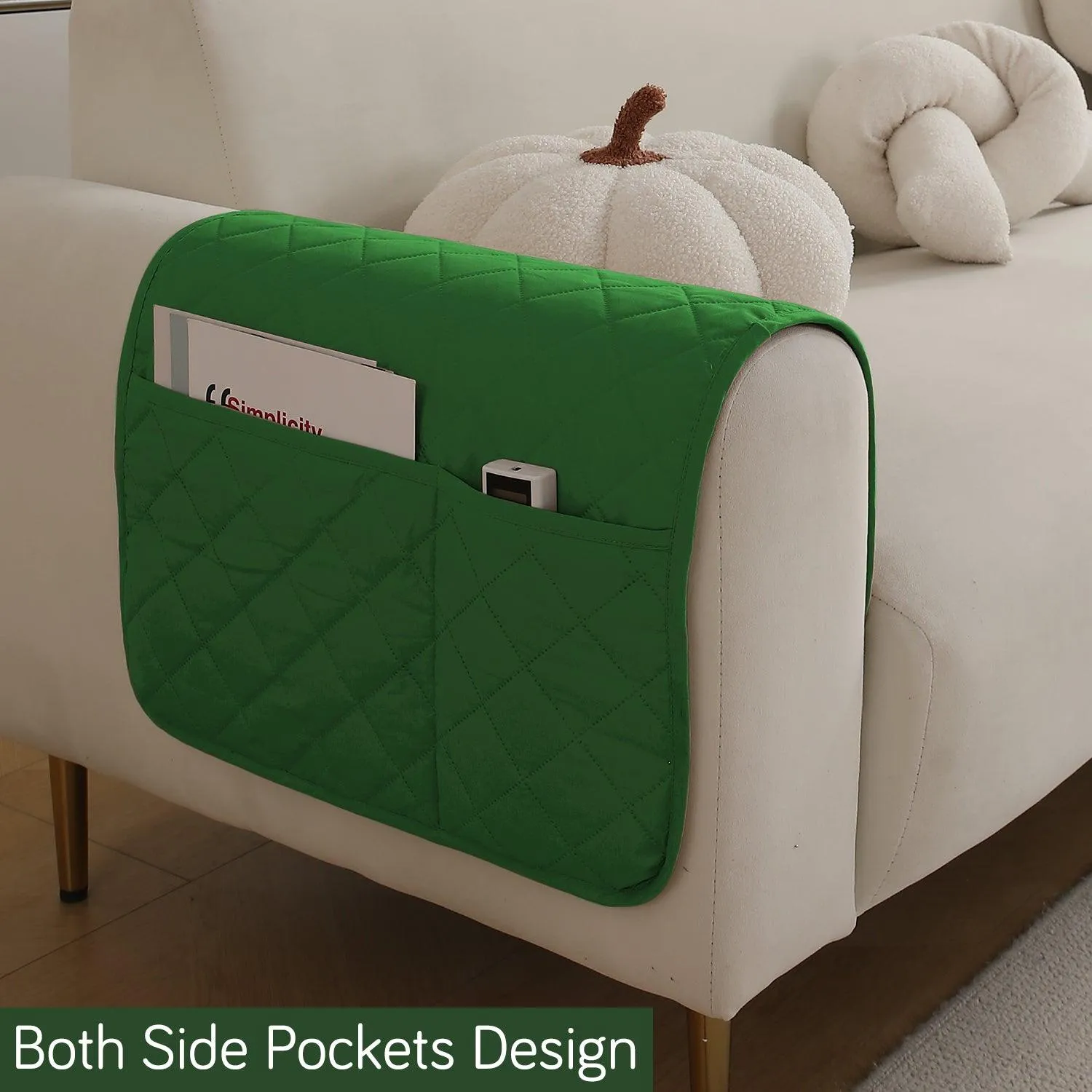 HOKIPO Quilted Waterproof Anti-Slip Sofa Armrest Covers with Pockets (2 Pcs), Green