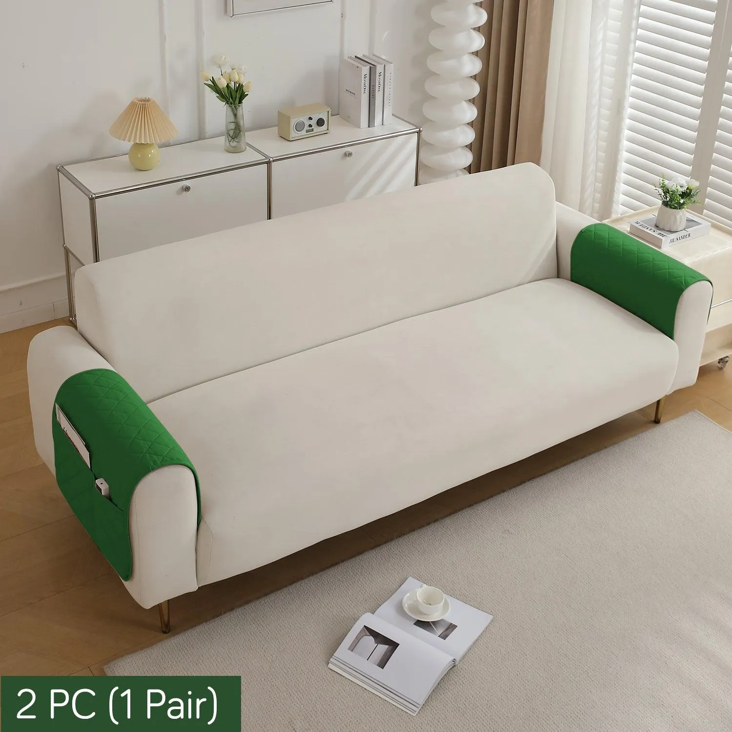 HOKIPO Quilted Waterproof Anti-Slip Sofa Armrest Covers with Pockets (2 Pcs), Green