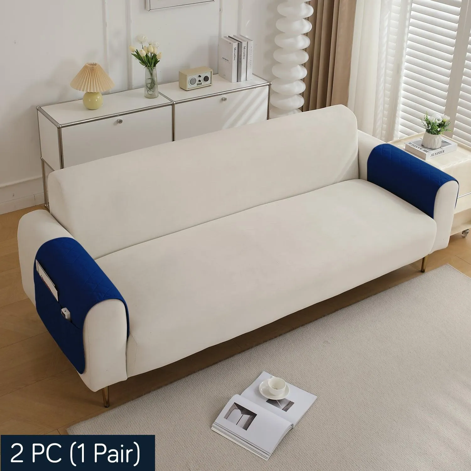 HOKIPO Quilted Waterproof Anti-Slip Sofa Armrest Covers with Pockets (2 Pcs), Navy Blue