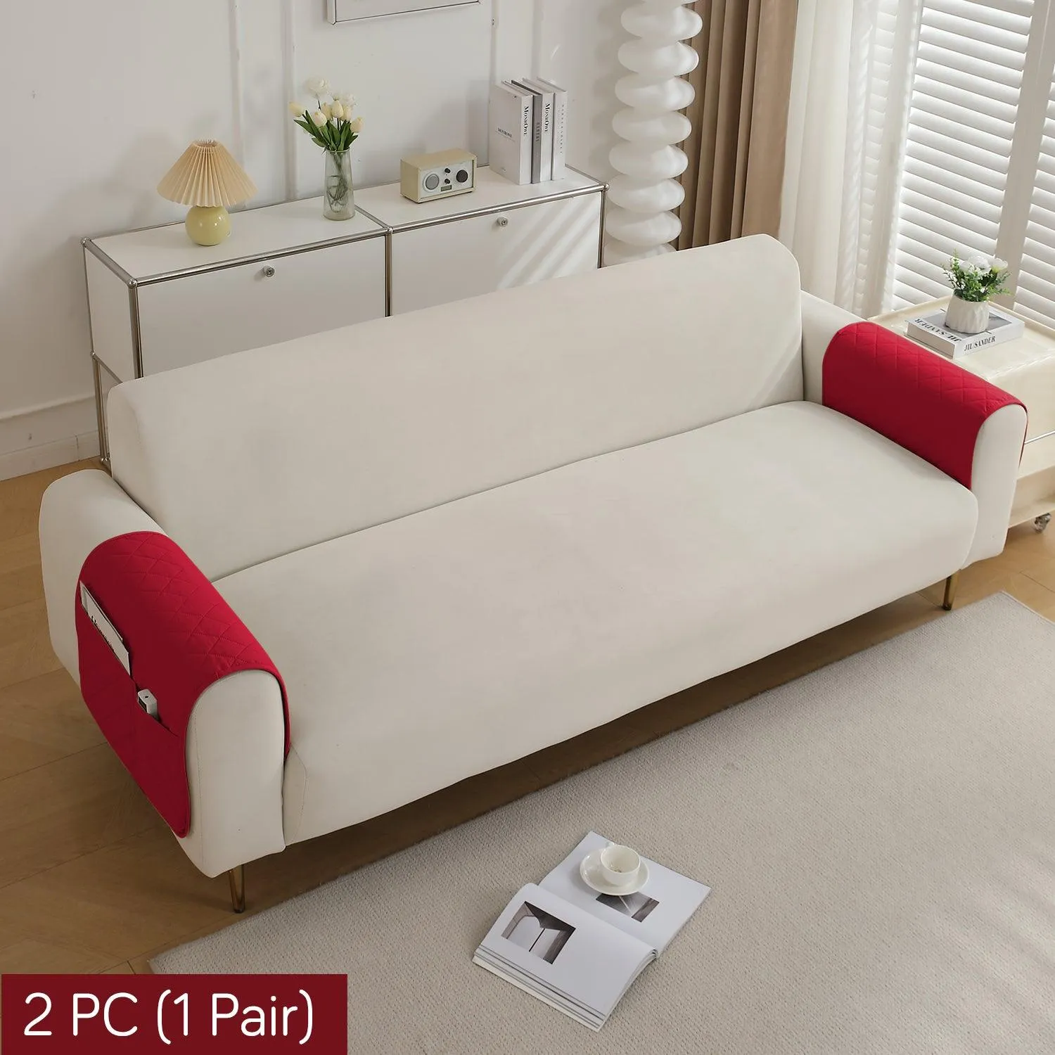 HOKIPO Quilted Waterproof Anti-Slip Sofa Armrest Covers with Pockets (2 Pcs), Red