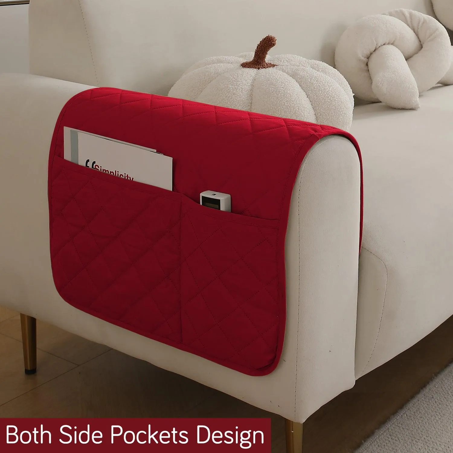 HOKIPO Quilted Waterproof Anti-Slip Sofa Armrest Covers with Pockets (2 Pcs), Red