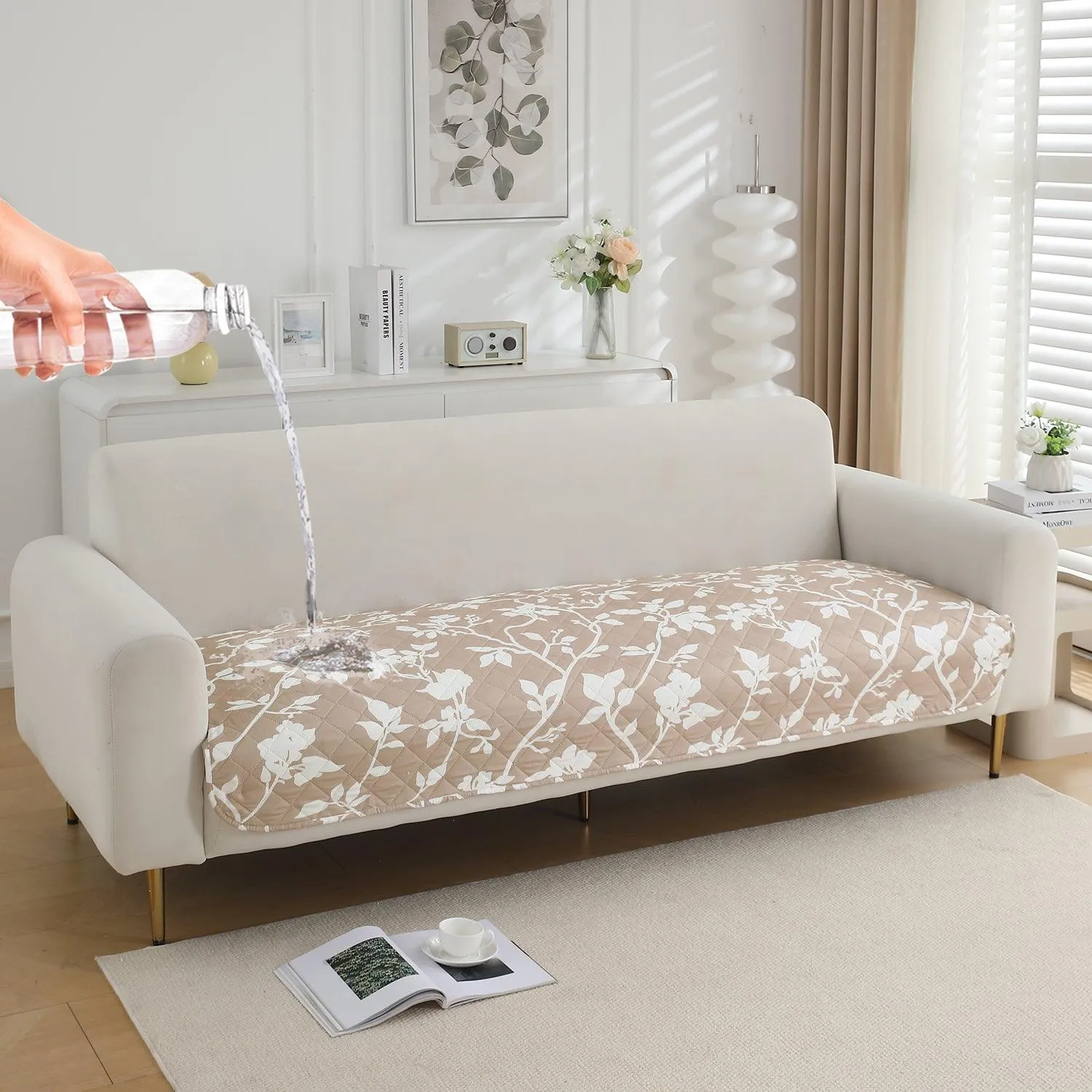 HOKIPO Water Repellent Sofa Seat Mat for 1/2/3 Seater - Buff Brown Sillehoute Floral