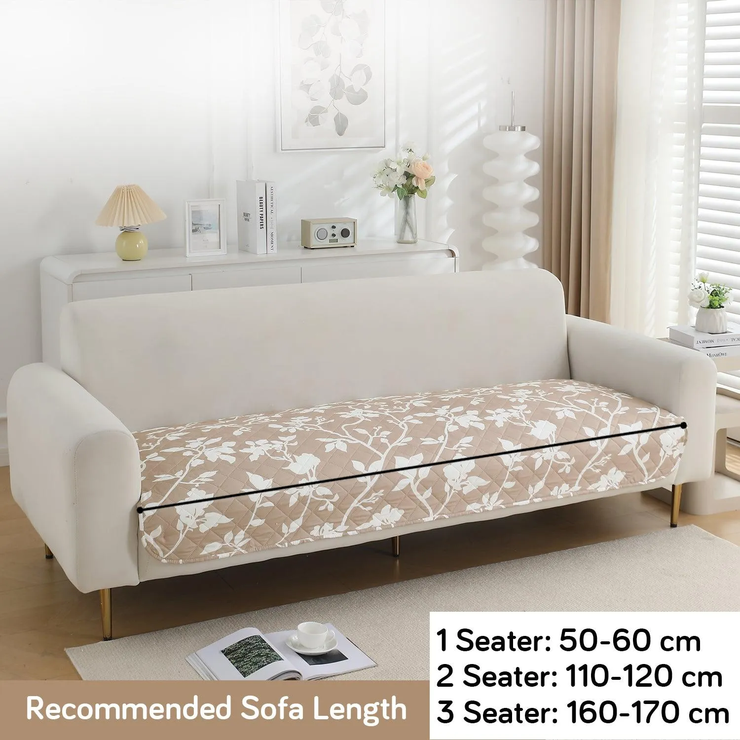 HOKIPO Water Repellent Sofa Seat Mat for 1/2/3 Seater - Buff Brown Sillehoute Floral