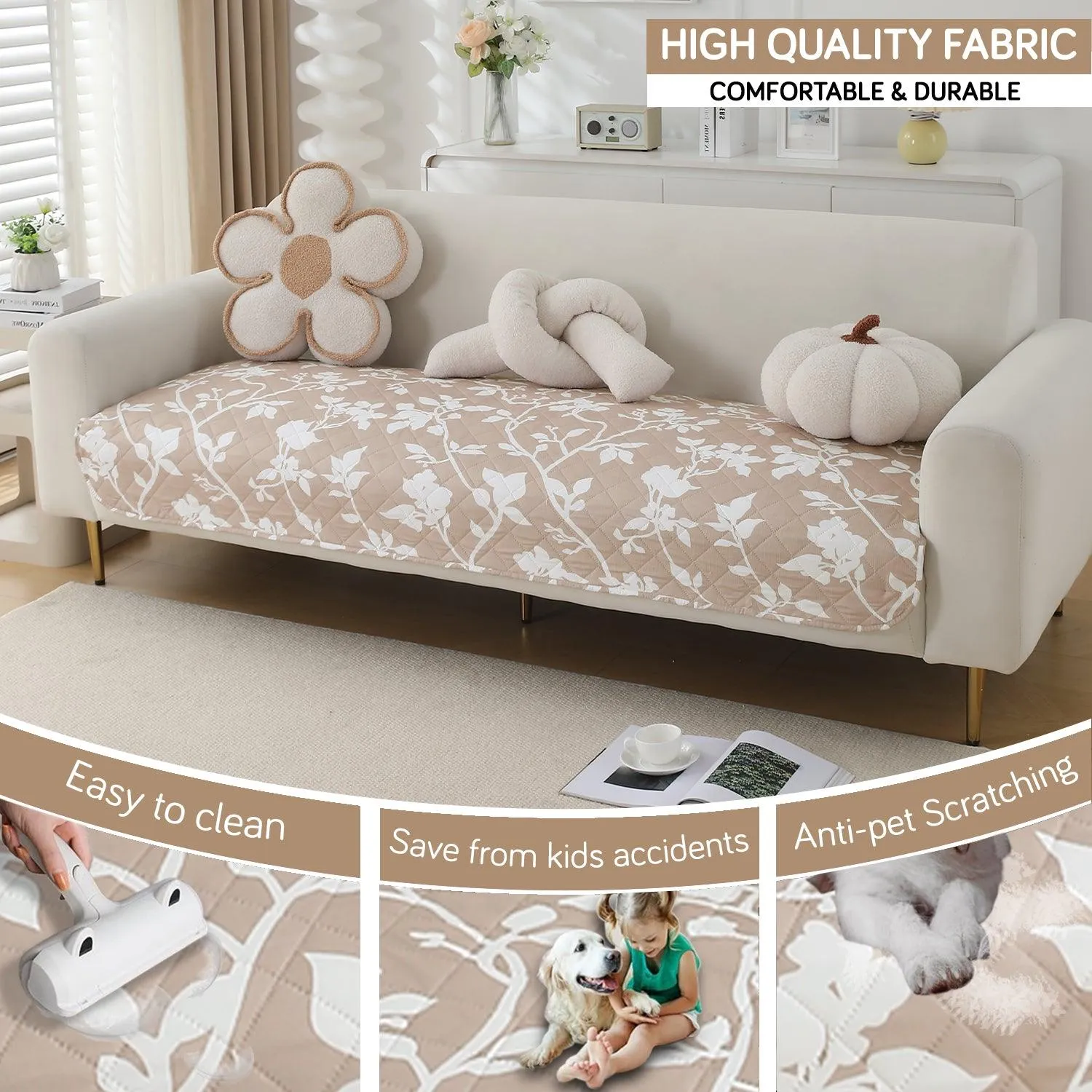 HOKIPO Water Repellent Sofa Seat Mat for 1/2/3 Seater - Buff Brown Sillehoute Floral