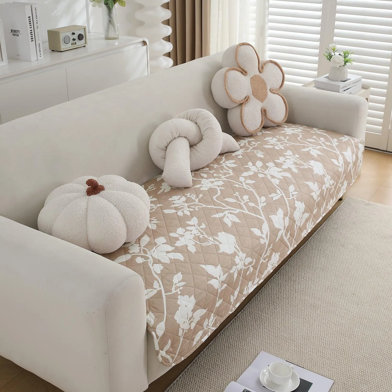 HOKIPO Water Repellent Sofa Seat Mat for 1/2/3 Seater - Buff Brown Sillehoute Floral
