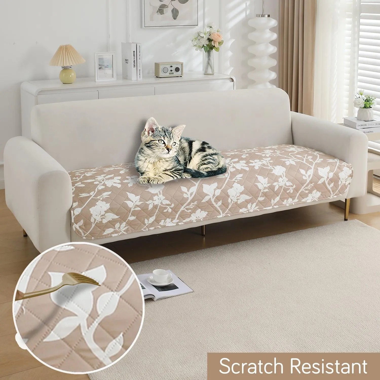 HOKIPO Water Repellent Sofa Seat Mat for 1/2/3 Seater - Buff Brown Sillehoute Floral