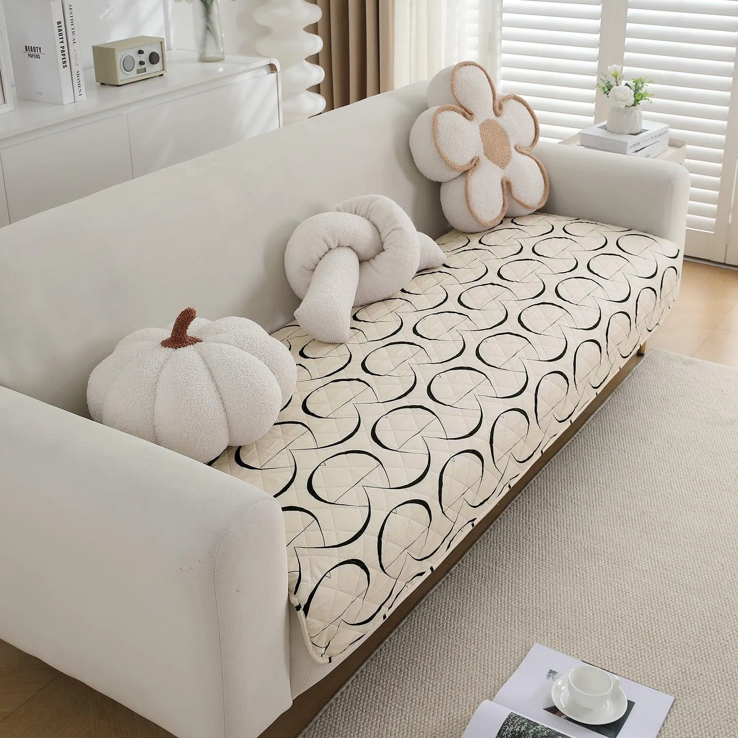 HOKIPO Water Repellent Sofa Seat Mat for 1/2/3 Seater - Natural Beige Abstract Art