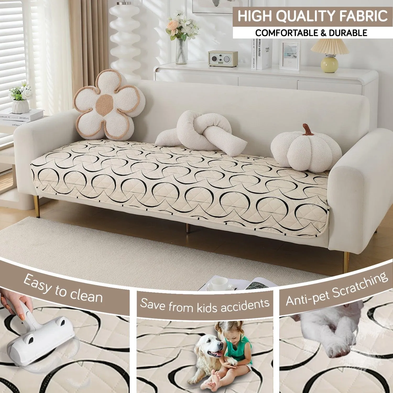 HOKIPO Water Repellent Sofa Seat Mat for 1/2/3 Seater - Natural Beige Abstract Art