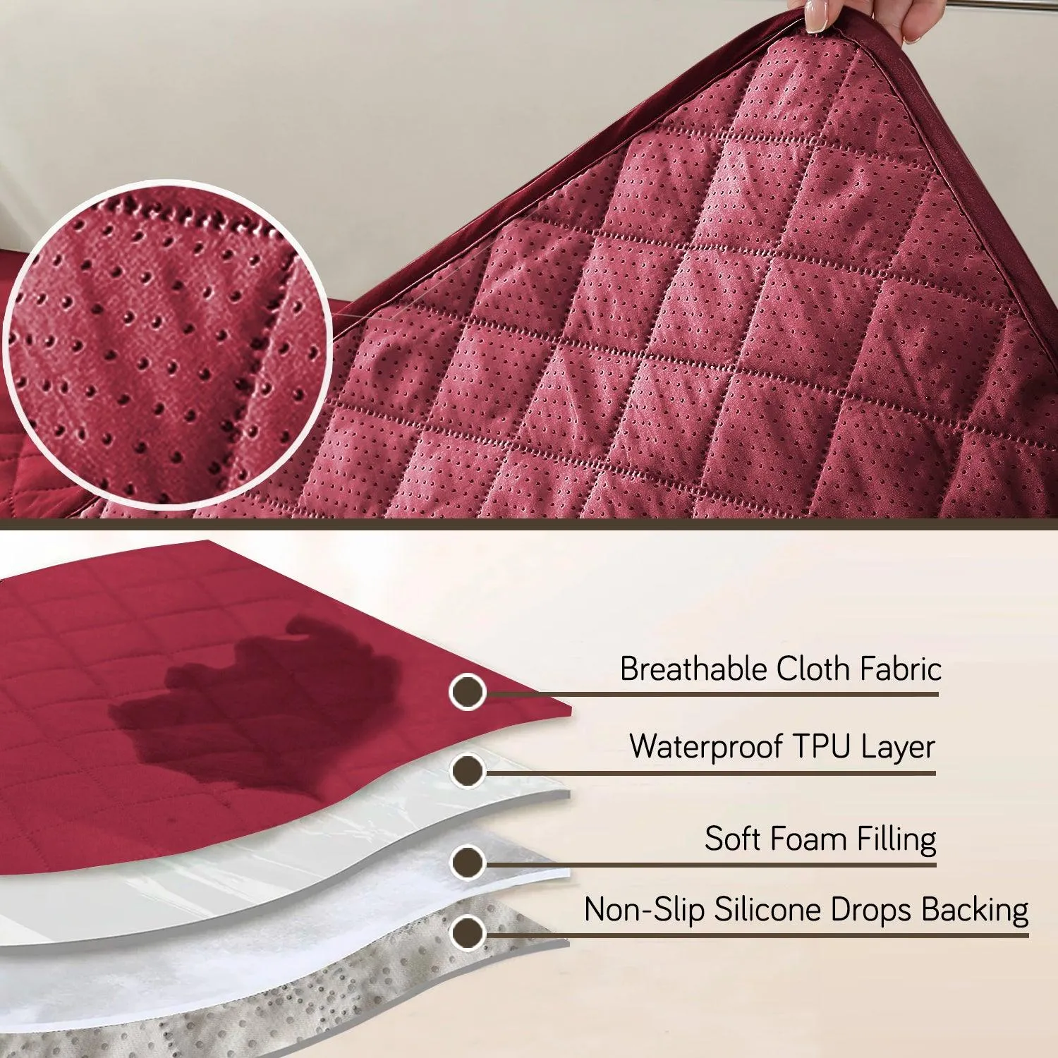 HOKIPO Waterproof Anti-Slip Quick Dry Sofa Seat Mat for 1/2/3 Seater, Maroon