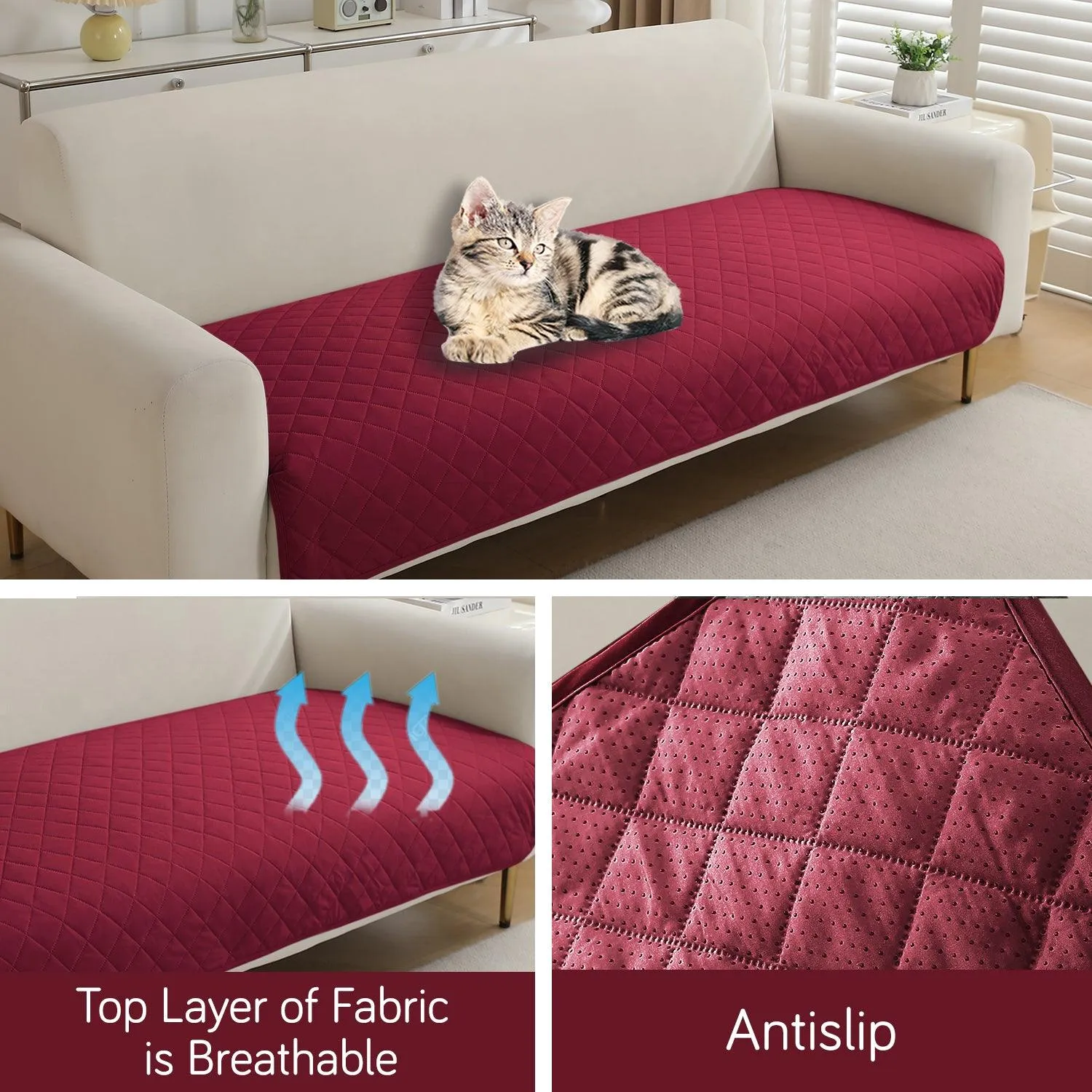 HOKIPO Waterproof Anti-Slip Quick Dry Sofa Seat Mat for 1/2/3 Seater, Maroon