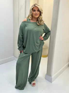 Hollyanna Curve Khaki Cowl Neck Jersey Drawstring Co-Ord