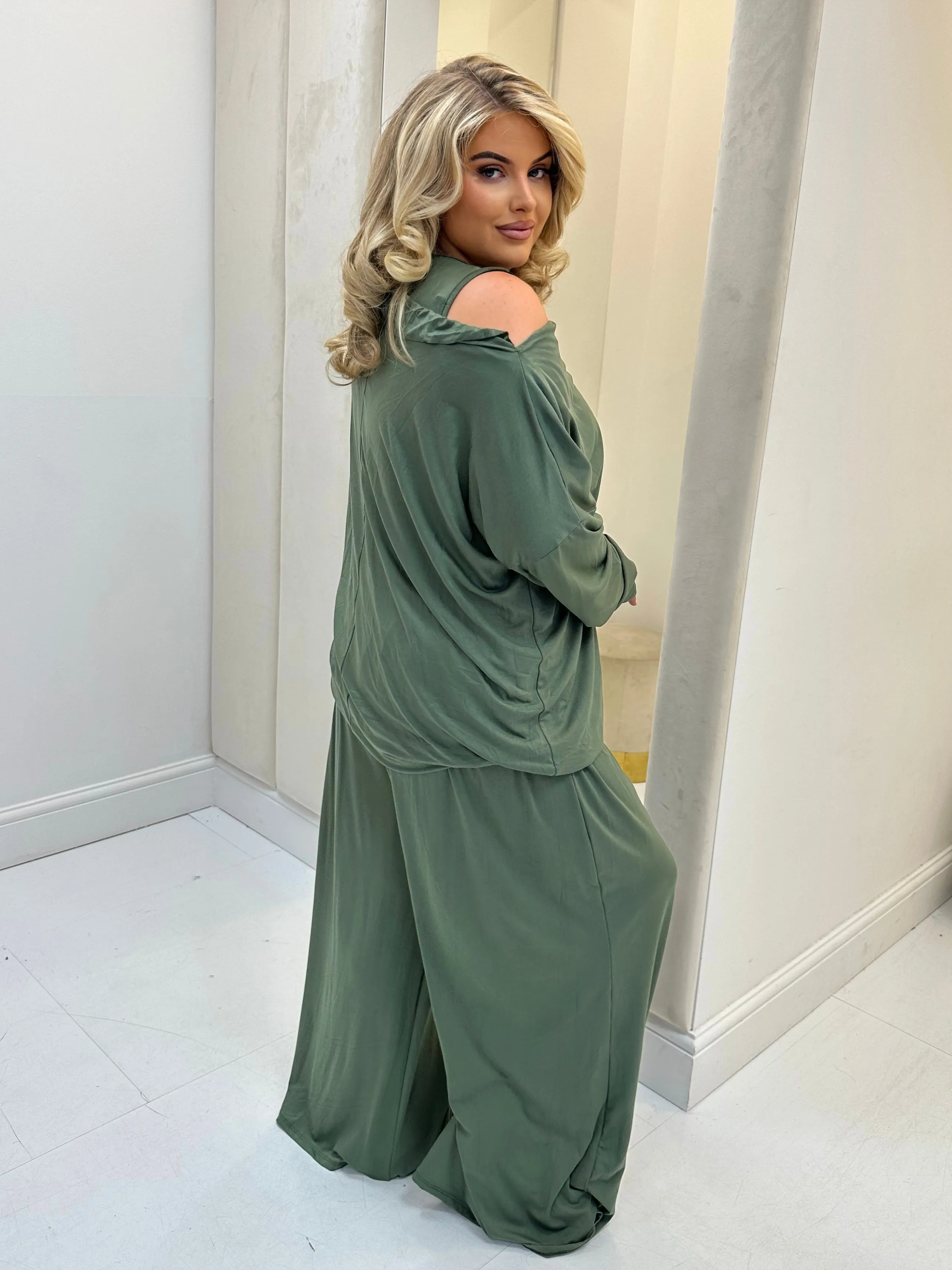 Hollyanna Curve Khaki Cowl Neck Jersey Drawstring Co-Ord