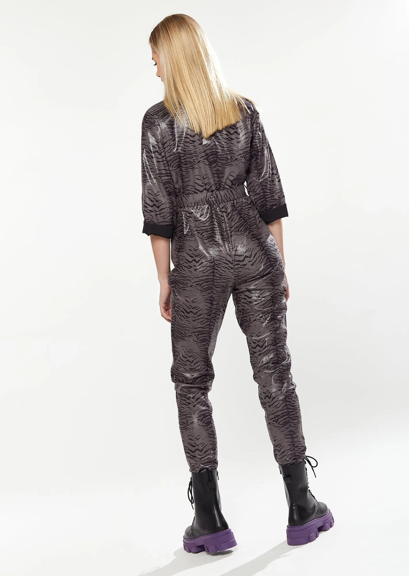 House of Holland Jumpsuit in Grey Wet Look Zebra Stripe
