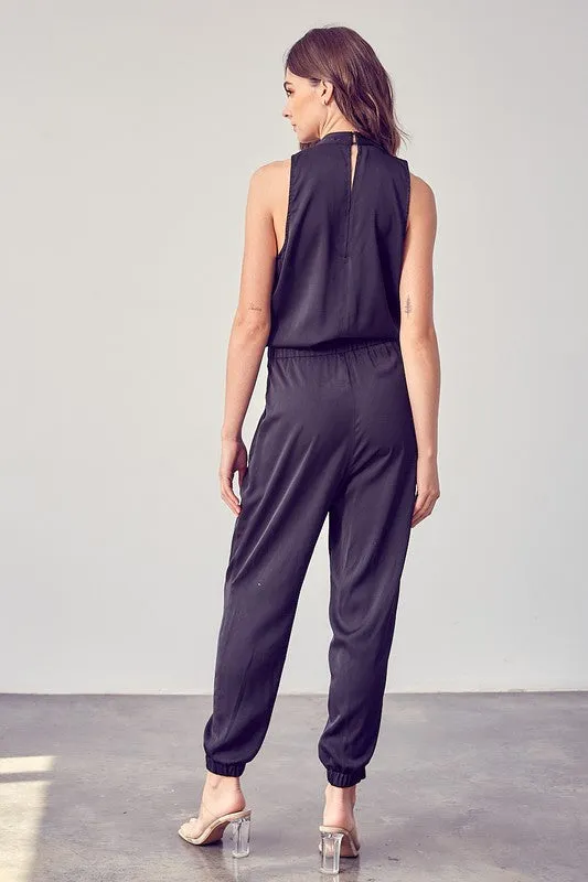 Jackie Tie Front Silky Jumpsuit - Black
