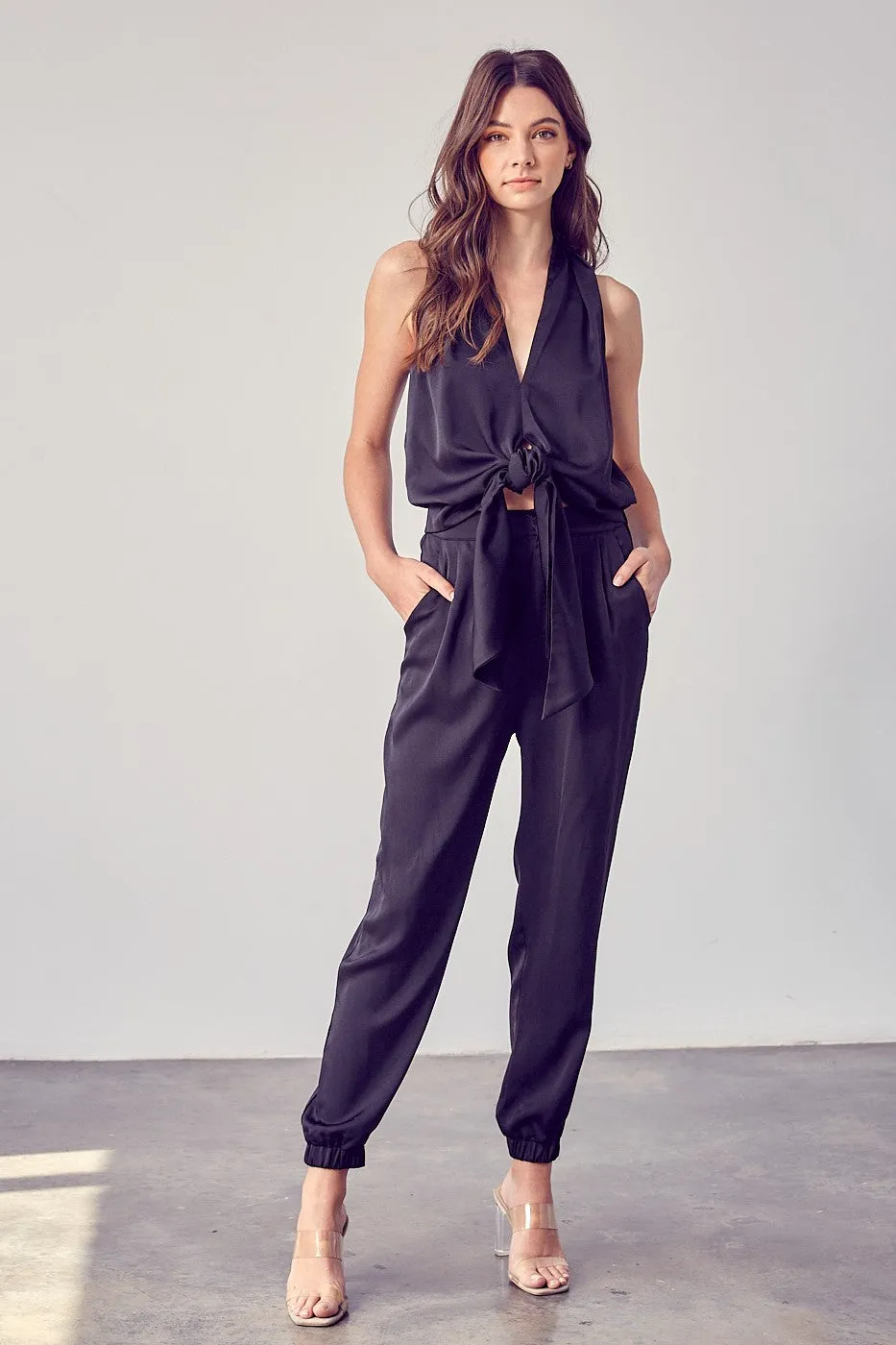 Jackie Tie Front Silky Jumpsuit - Black