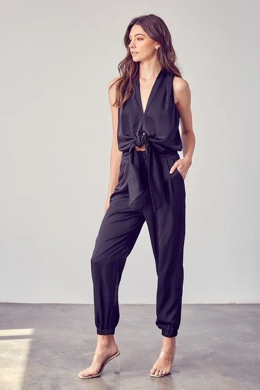 Jackie Tie Front Silky Jumpsuit - Black