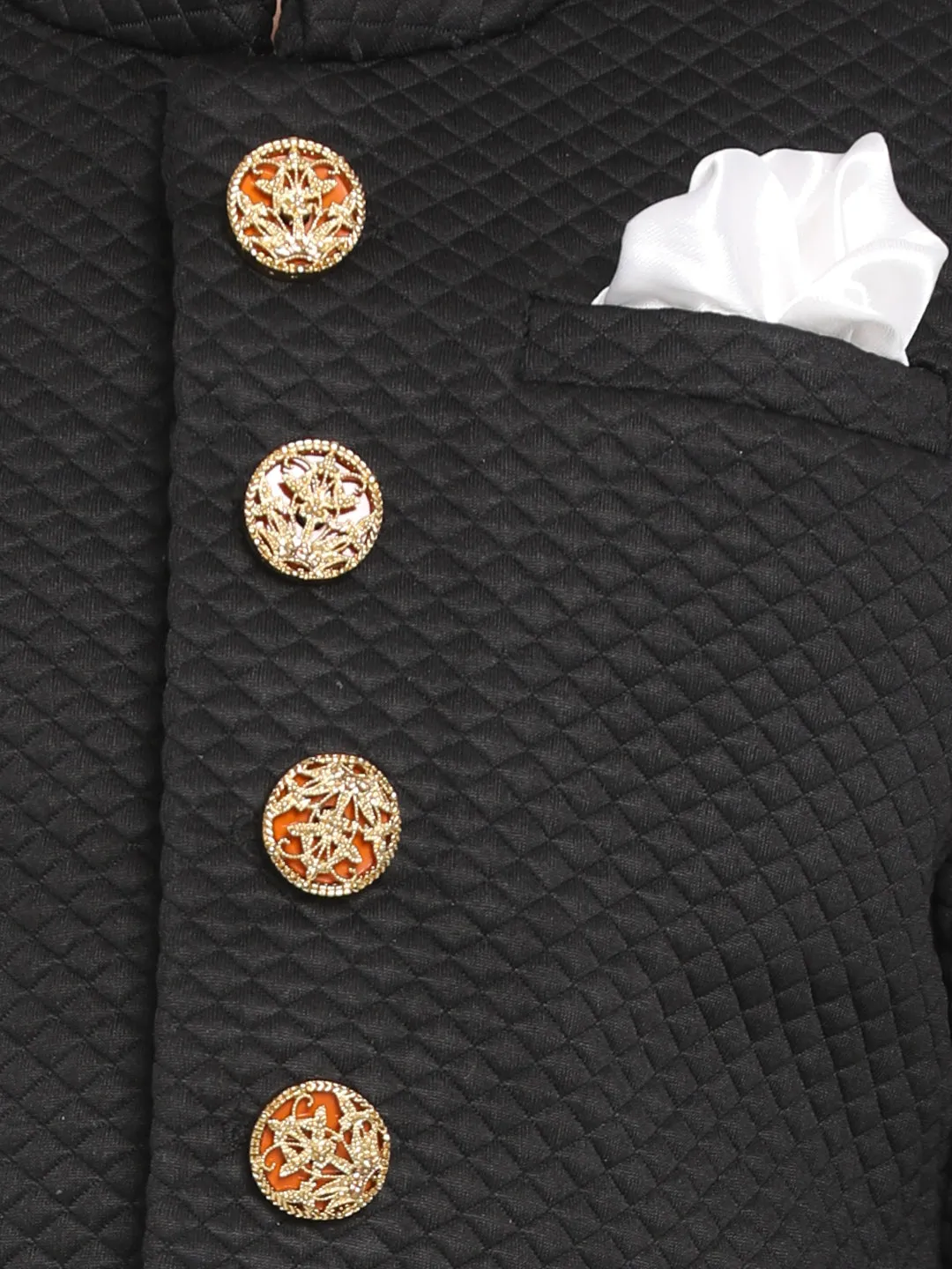 Jashvi Boys Black Quilted Indowestern Sherwani and Churidar Set
