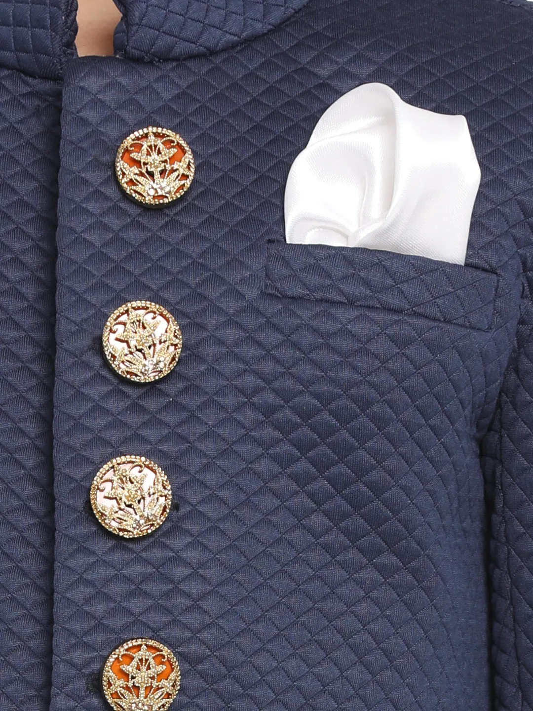Jashvi Boys Navy Blue Quilted Indowestern Sherwani and Churidar Set