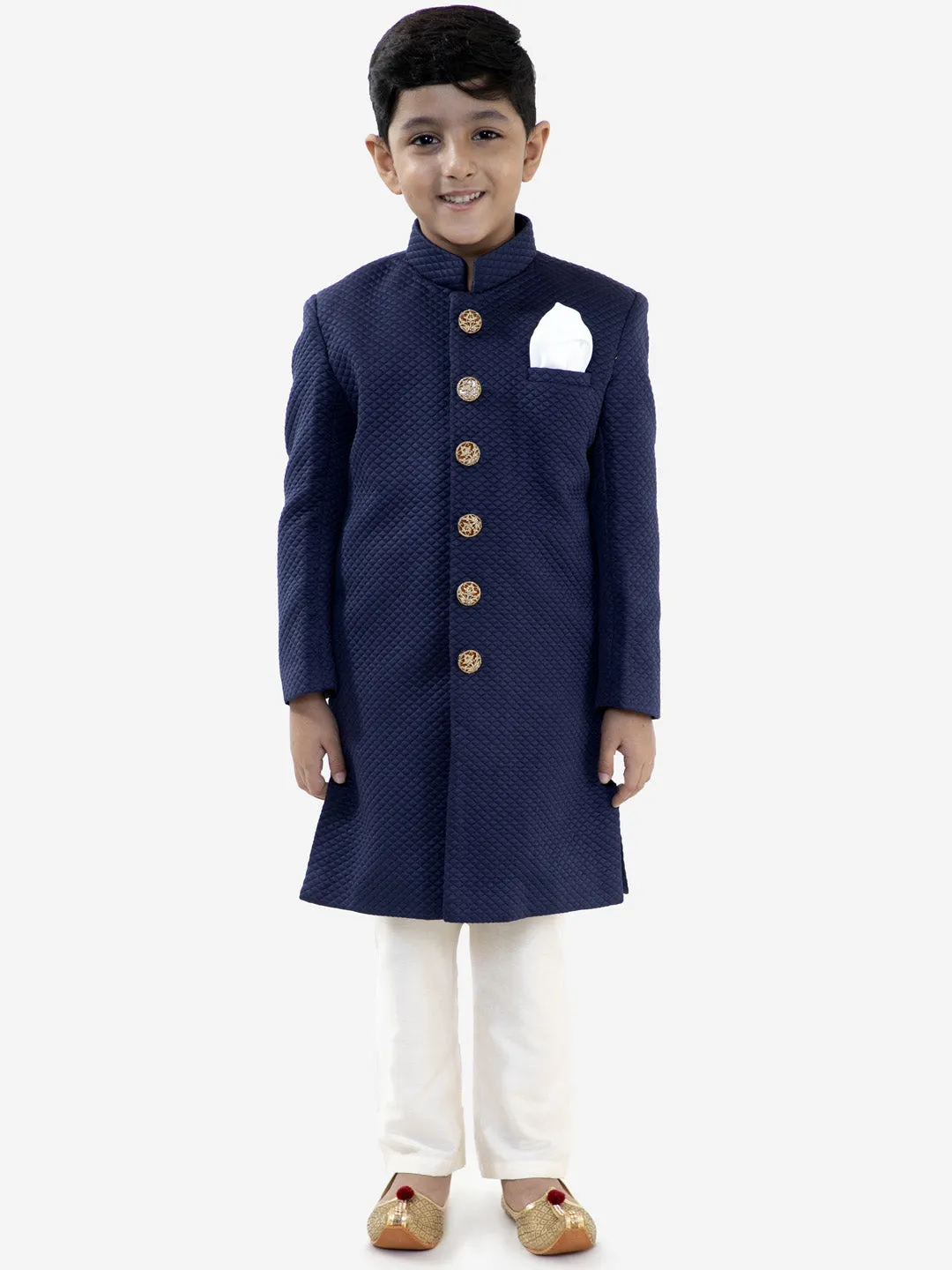 Jashvi Boys Navy Blue Quilted Indowestern Sherwani and Churidar Set