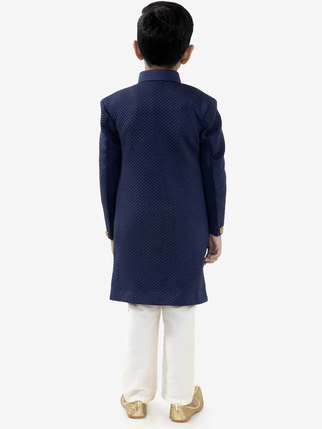 Jashvi Boys Navy Blue Quilted Indowestern Sherwani and Churidar Set