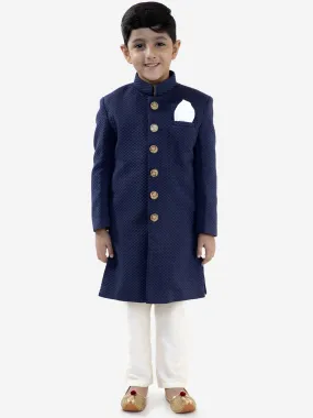 Jashvi Boys Navy Blue Quilted Indowestern Sherwani and Churidar Set