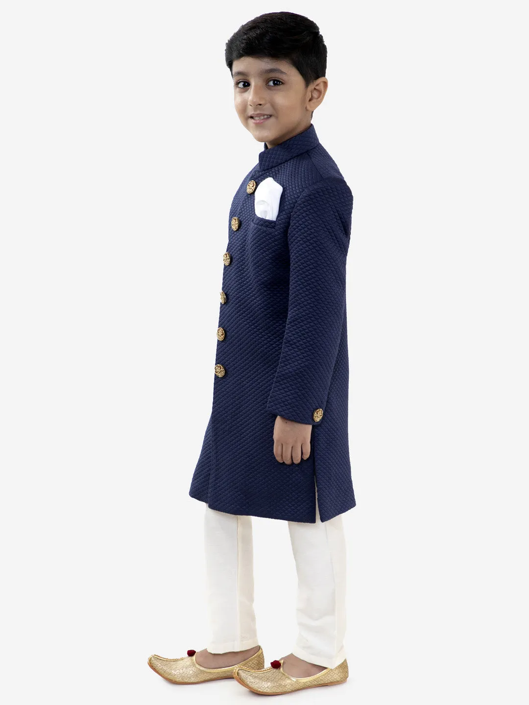 Jashvi Boys Navy Blue Quilted Indowestern Sherwani and Churidar Set