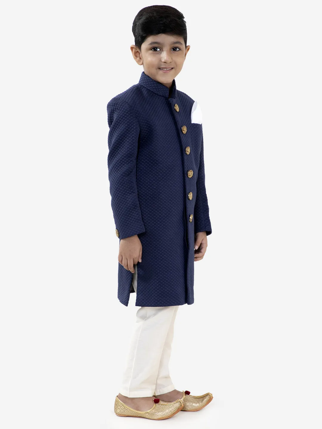 Jashvi Boys Navy Blue Quilted Indowestern Sherwani and Churidar Set