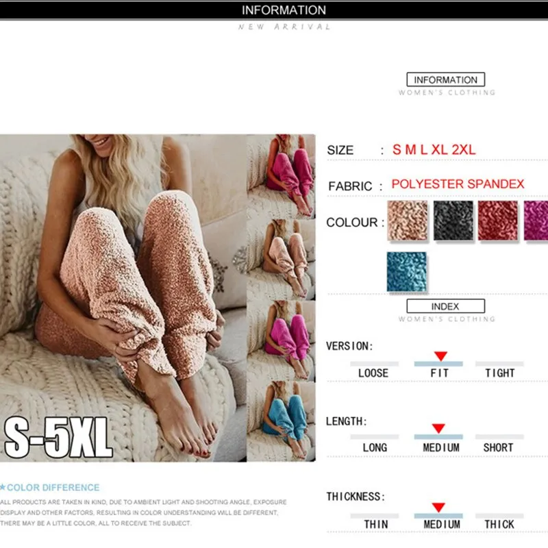 Joskaa Fantoye Women Solid Fleece Warm Sleep Pants Winter Casual Plus Size Long Pajamas Home Pants Femme Loose Thick Trousers Nightwear