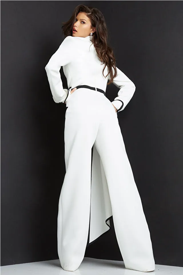 Jovani 06917 Notched Collar Long Sleeve Ruched Belt Plunging Neck Jumpsuit
