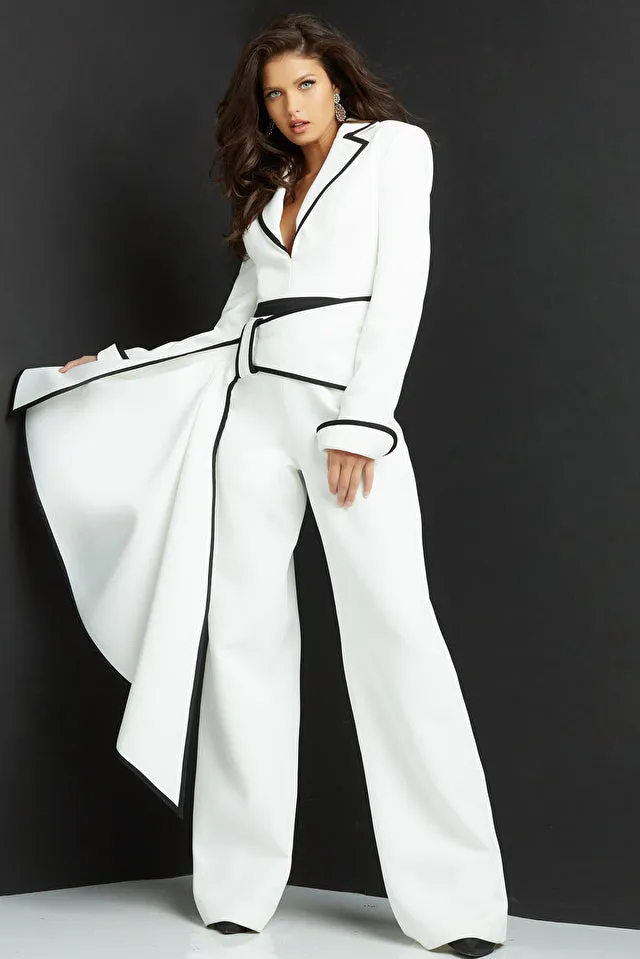 Jovani 06917 Notched Collar Long Sleeve Ruched Belt Plunging Neck Jumpsuit
