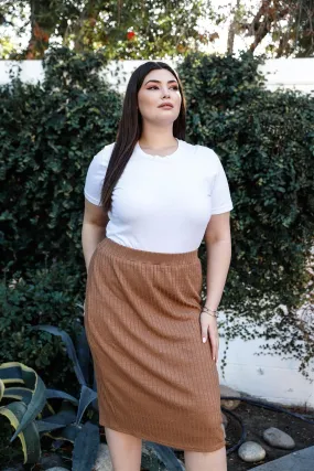 Junior Plus Tan Ribbed Midi Skirt /1-1-1