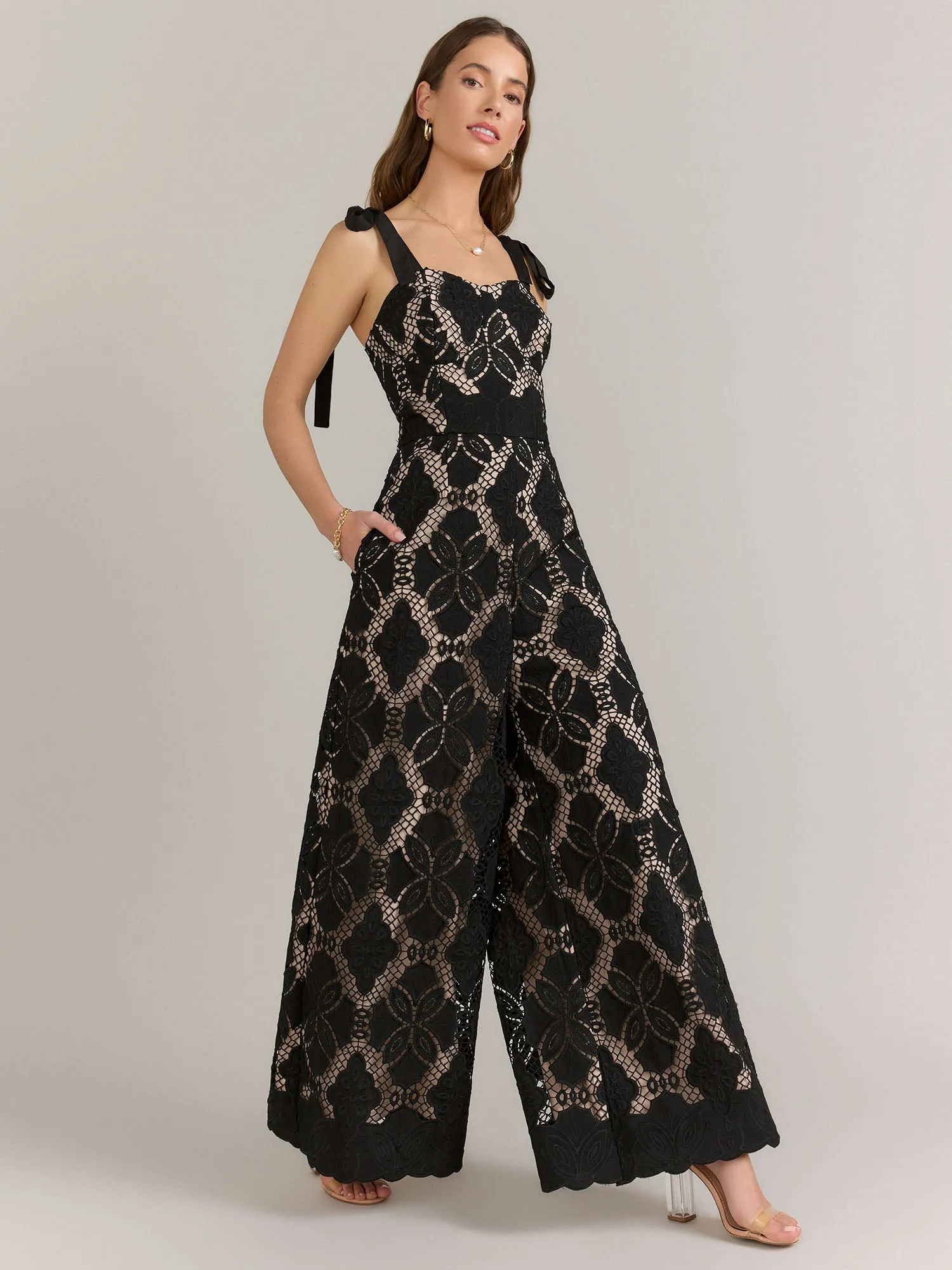 Just Me Tie Strap Sweetheart Neckline Crochet Jumpsuit - Brands We Love