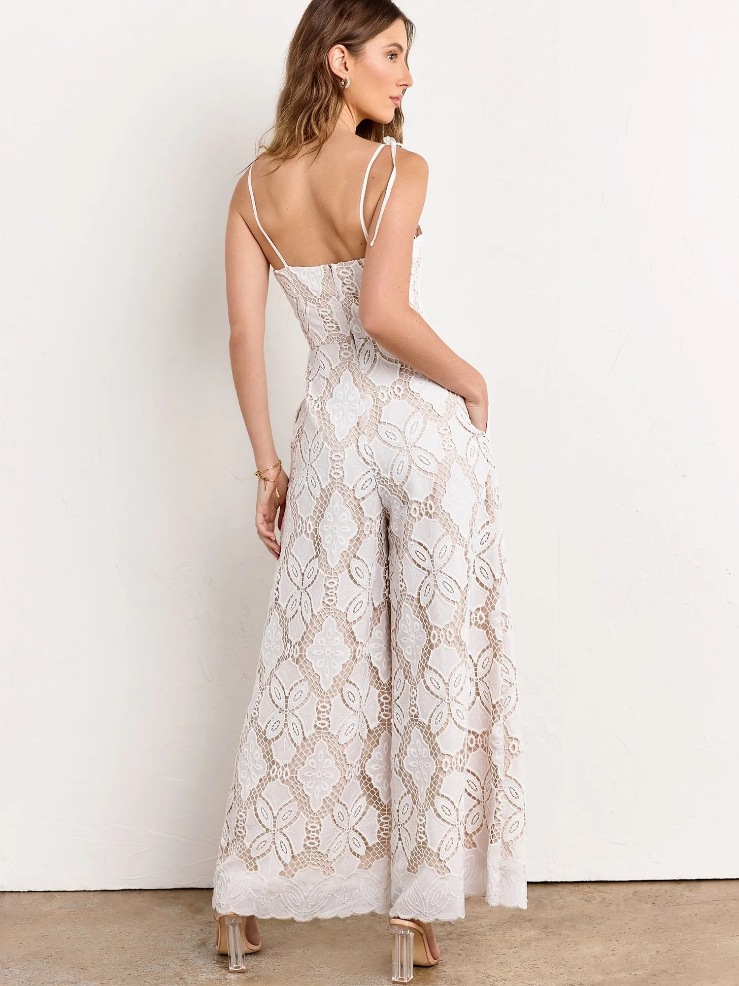 Just Me Tie Strap Sweetheart Neckline Crochet Jumpsuit - Brands We Love