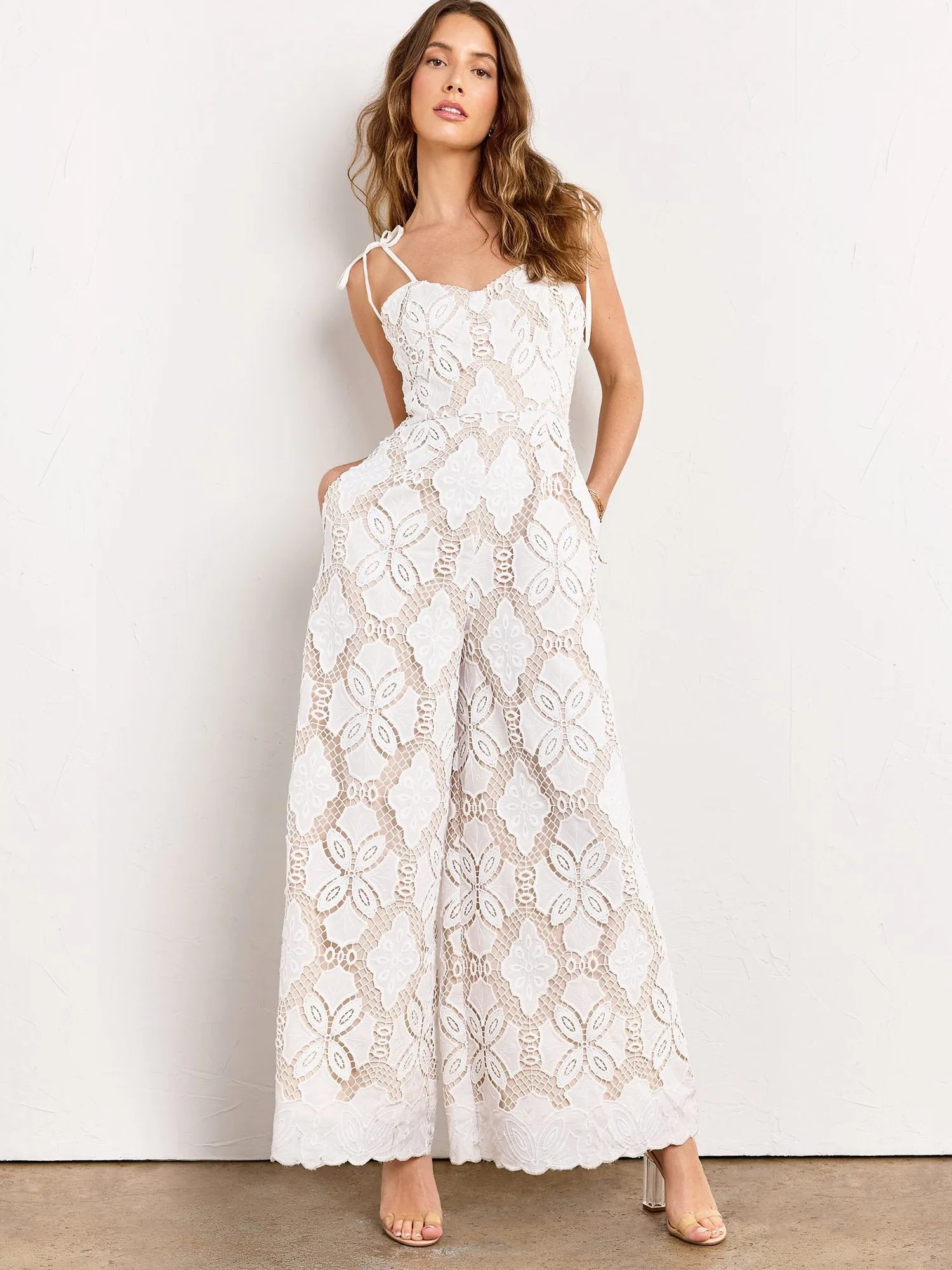 Just Me Tie Strap Sweetheart Neckline Crochet Jumpsuit - Brands We Love
