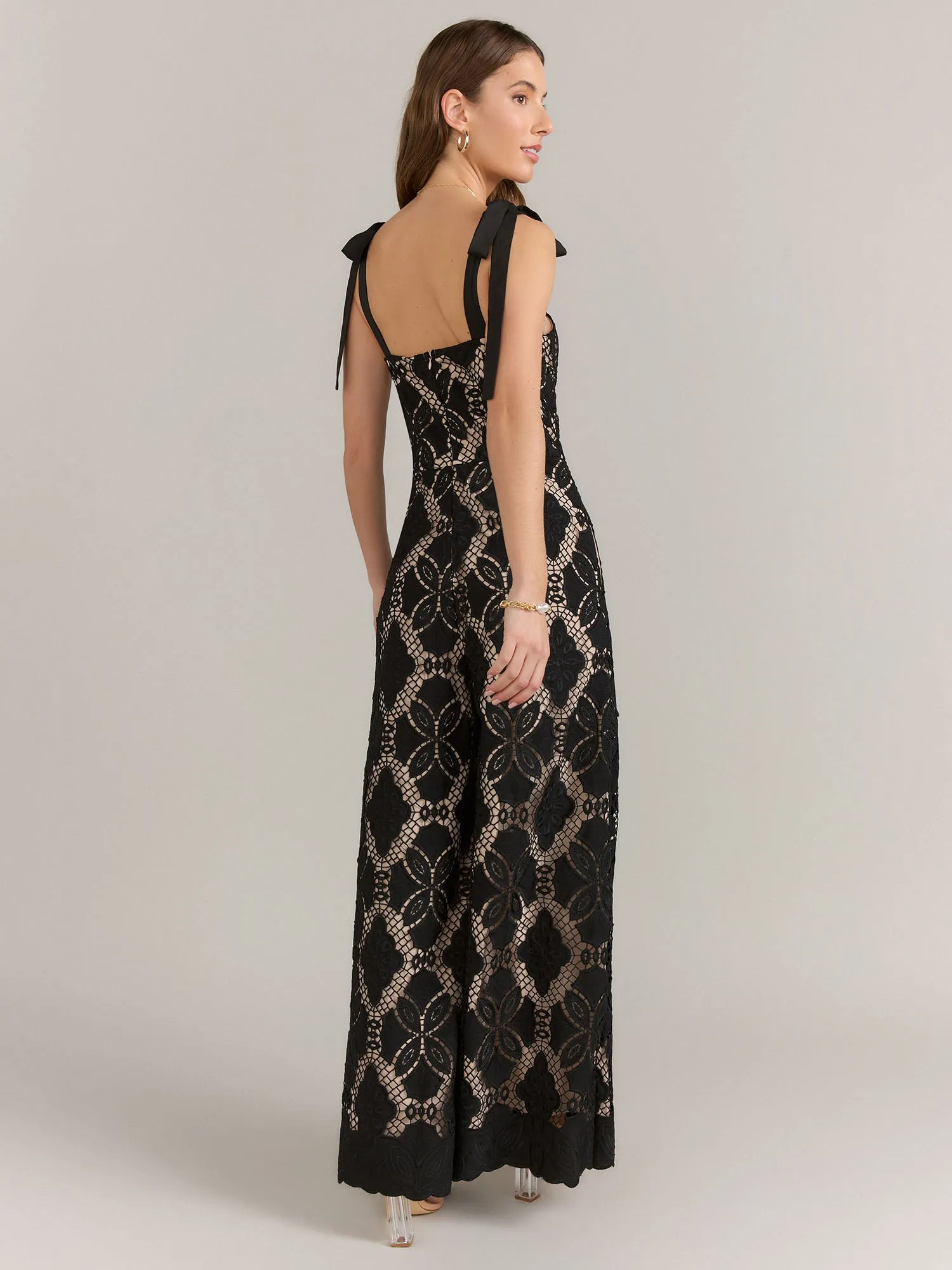 Just Me Tie Strap Sweetheart Neckline Crochet Jumpsuit - Brands We Love
