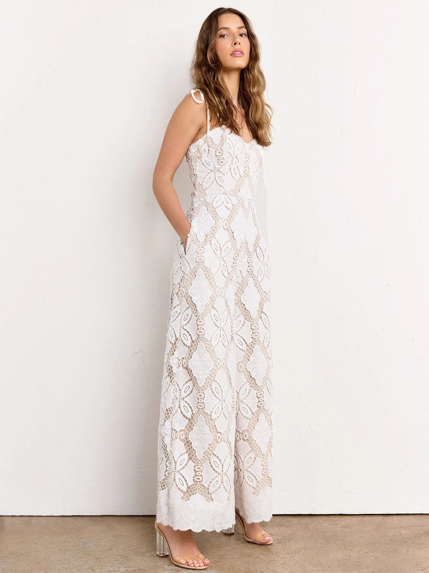 Just Me Tie Strap Sweetheart Neckline Crochet Jumpsuit - Brands We Love