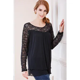Ketty More Women Round Lace Trim Floral Neck Casual Blouse-KMWSB848