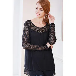 Ketty More Women Round Lace Trim Floral Neck Casual Blouse-KMWSB848