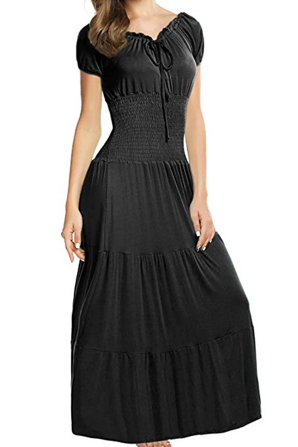 Ketty More Women Short Sleeve Flattering Fit Pleated Long Dress-KMWD337
