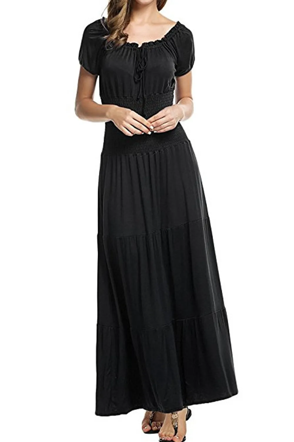 Ketty More Women Short Sleeve Flattering Fit Pleated Long Dress-KMWD337